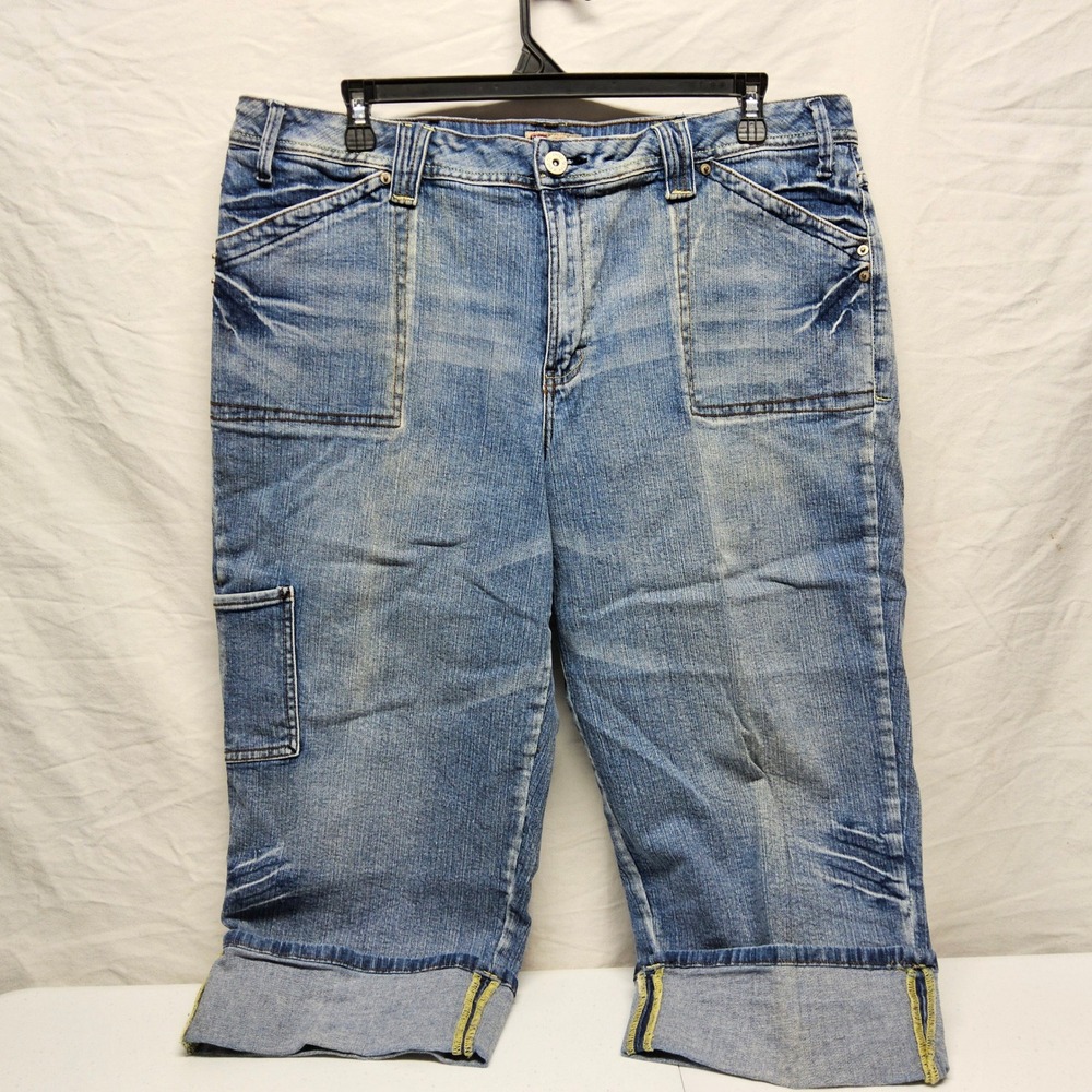 Faded Glory Capri Jeans Womens 22W Blue Stretch‎ Cuffed Cargo Utility Denim